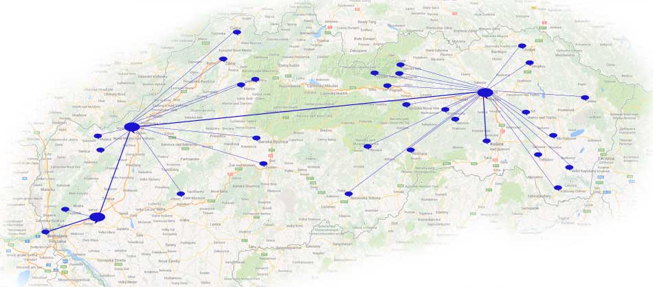 Mapa pokrytia vozidlami VIA TRANSPORT s.r.o.